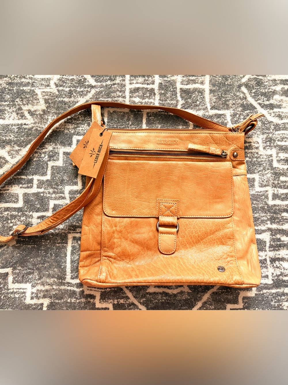 Light Brown Leather Crossbody Bag with Front Flap and Zip Pocket